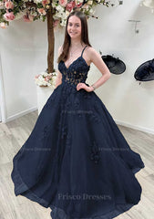 A Line Princess V Neck Sleeveless Sweep Train Tulle Prom Dress With Appliqued Beading Lace