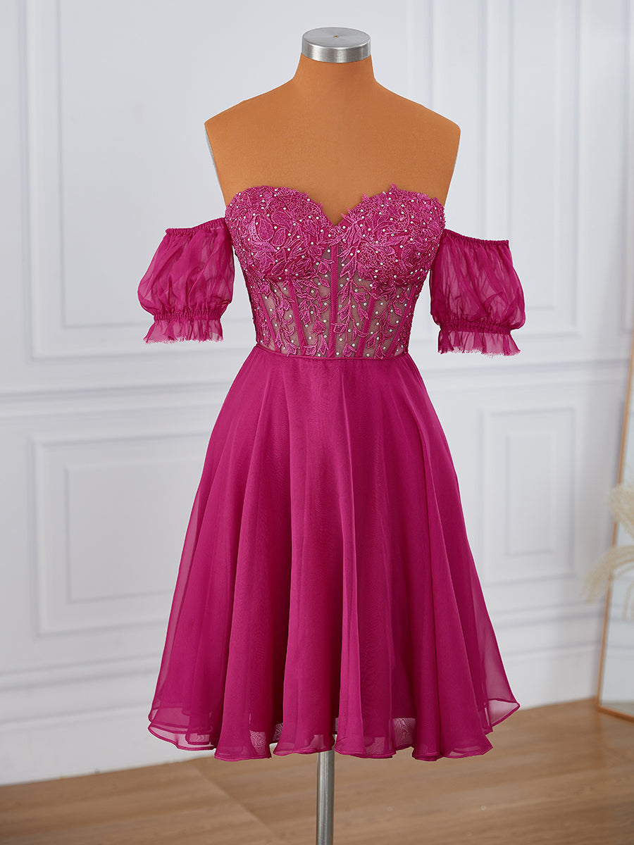 A-line Short Sleeves 30D Chiffon Sweetheart Appliques Lace Corset Convertible Short/Mini Dress
