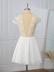 A-line Short Sleeves Chiffon Illusion Appliques Lace Short/Mini Dress