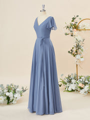 A-line Short Sleeves Chiffon V-neck Floor-Length Bridesmaid Dress
