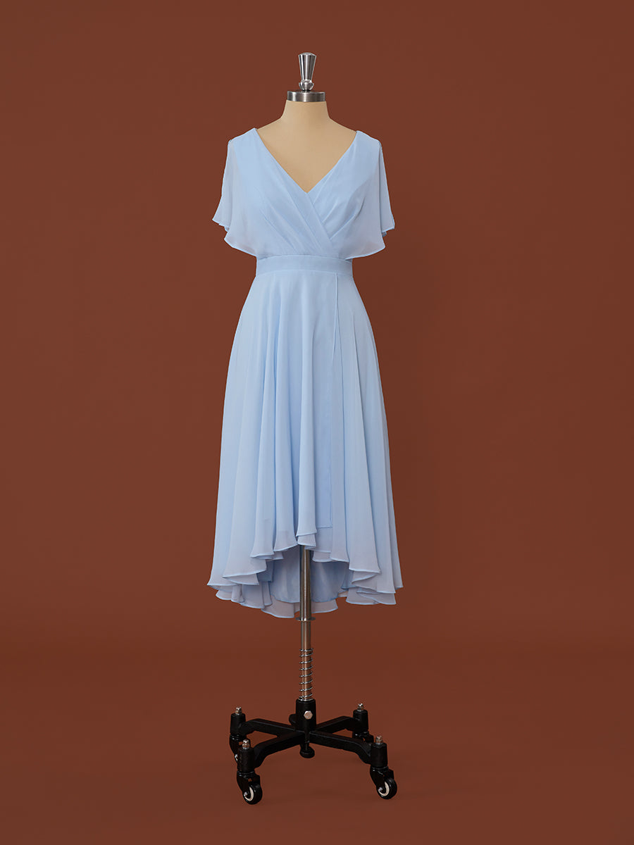 A-line Short Sleeves Chiffon V-neck Pleated Asymmetrical Dress
