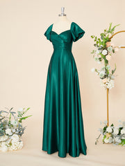 A-line Short Sleeves Silk Like Satin Sweetheart Pleated Floor-Length Dress