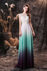 A Line Sleeveless Appliques Ombre Silk Like Satin Floor Length Prom Dresses