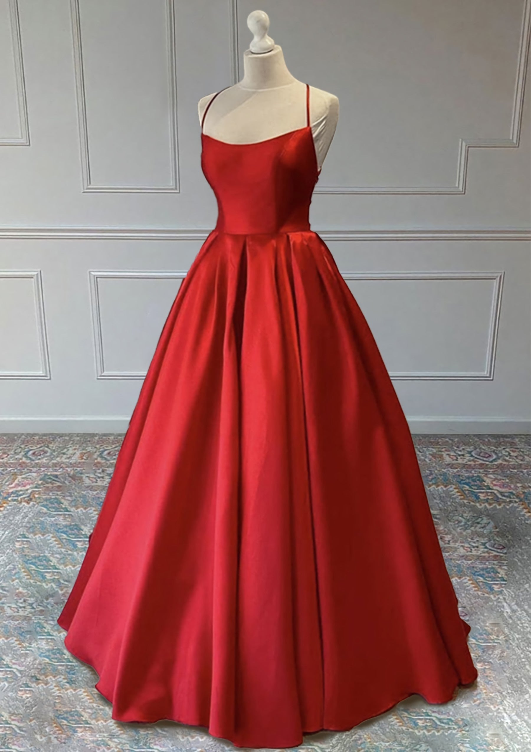 A Line Sleeveless Square Neckline Long Floor Length Satin Prom Dress