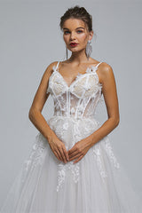 A-Line Spaghetti Strap Sweetheart Tulle Applique Floor-Length Sleeveless Wedding Dresses