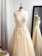 A-line Spaghetti Straps Appliques Lace Floor-Length Tulle Dress