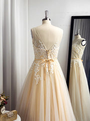 A-line Spaghetti Straps Appliques Lace Floor-Length Tulle Dress