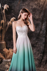 A Line Strapless Sleeveless Appliques Ombre Silk Like Satin Sweep Train Prom Dresses