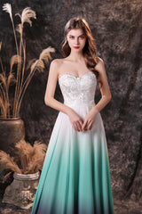 A Line Strapless Sleeveless Appliques Ombre Silk Like Satin Sweep Train Prom Dresses