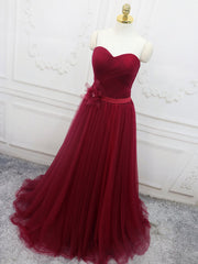 A-Line Sweetheart Neck Burgundy Long Prom Dress, Burgundy Bridesmaid Dress