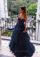 A Line Sweetheart Sleeveless Long Floor Length Tulle Prom Dress With Ruffles