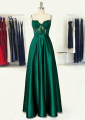 A Line Sweetheart Spaghetti Straps Long Floor Length Satin Prom Dress With Appliqued Pockets
