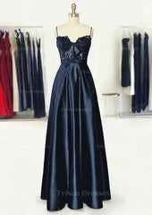 A Line Sweetheart Spaghetti Straps Long Floor Length Satin Prom Dress With Appliqued Pockets