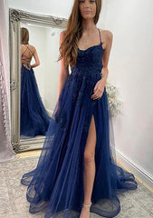 A Line Sweetheart Spaghetti Straps Sweep Train Tulle Prom Dress With Appliqued Split