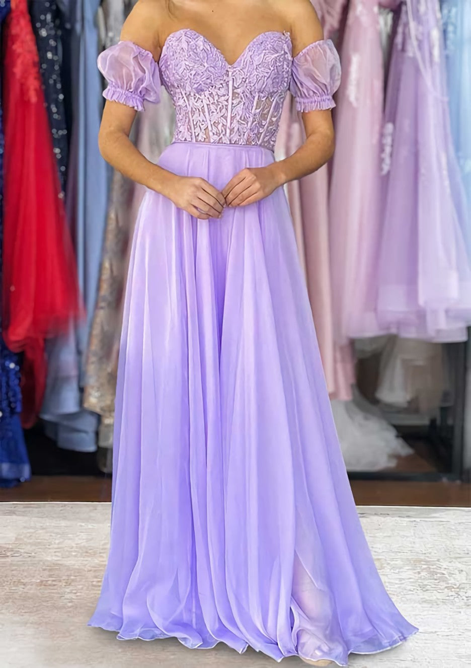 A Line Sweetheart Strapless Long Floor Length Chiffon Prom Dress With Detachable Balloon Sleeves