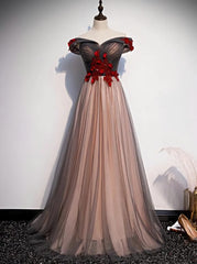 A-line Tulle Ruched Embellished Prom Dress, Long Party Dress