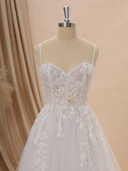 A-line Tulle Spaghetti Straps Appliques Lace Court Train Corset Wedding Dress