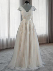 A-line V-neck Appliques Lace Floor-Length Lace Wedding Dress