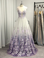 A-line V-neck Appliques Lace Floor-Length Tulle Dress