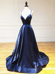 A Line V Neck Backless Navy Blue Prom Dresses, Open Back Navy Blue Formal Evening Dresses