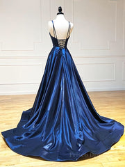 A Line V Neck Backless Navy Blue Prom Dresses, Open Back Navy Blue Formal Evening Dresses