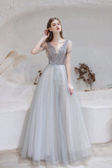 A Line V-Neck Beaded Floor Length Prom Dresses With Short Sleeves