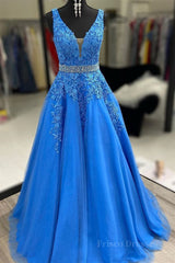 A Line V Neck Blue Lace Long Prom Dresses with Belt, Blue Lace Formal Evening Dresses