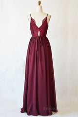 A Line V Neck Burgundy Long Prom Dress with Lace Back, V Neck Burgundy Formal Evening Dress, Burgundy Bridesmaid Dress