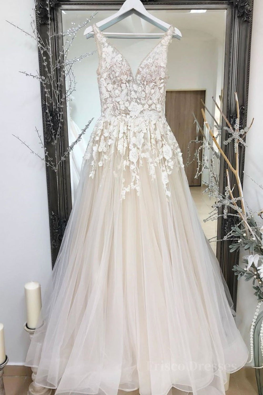 A Line V Neck Champagne Lace Long Prom Dresses, Champagne Lace Formal Dresses, Champagne Evening Dresses