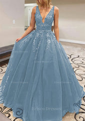 A Line V Neck Long Floor Length Lace Tulle Prom Dress With Appliqued