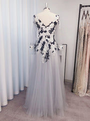 A-line V-neck Long Sleeves Appliques Lace Floor-Length Tulle Dress