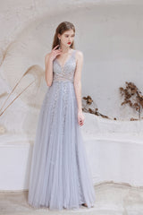 A Line V-neck Shiny Sequin Beaded Prom Dresses