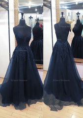 A Line V Neck Sleeveless Chapel Train Tulle Prom Dress With Appliqued Lace