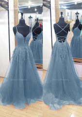A Line V Neck Sleeveless Chapel Train Tulle Prom Dress With Appliqued Lace