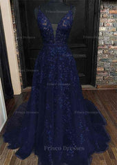 A Line V Neck Sleeveless Lace Court Train Prom Dress With Pleated