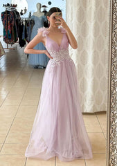 A Line V Neck Sleeveless Long Floor Length Tulle Prom Dress With Appliqued Beading Flowers
