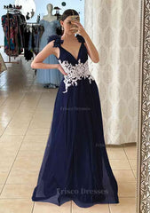 A Line V Neck Sleeveless Long Floor Length Tulle Prom Dress With Appliqued Beading Flowers