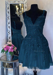 A Line V Neck Sleeveless Short Mini Tulle Homecoming Dress With Appliqued Beading