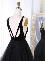 A Line V Neck Tulle Black Ball Gown, Black Prom, Black Formal