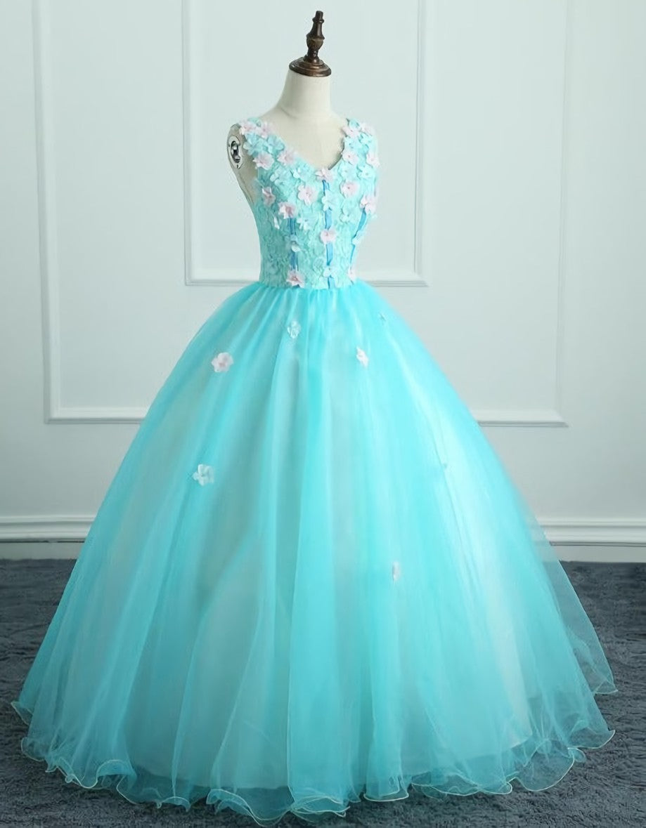 Adorable Light Blue Tulle with Flowers Floor Length Ball Gown Formal Dress, Blue Sweet 16 Dresses