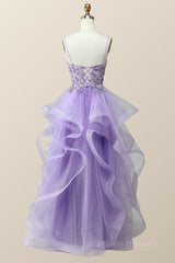 Beaded Lavender Ruffles A-line Long Prom Dress