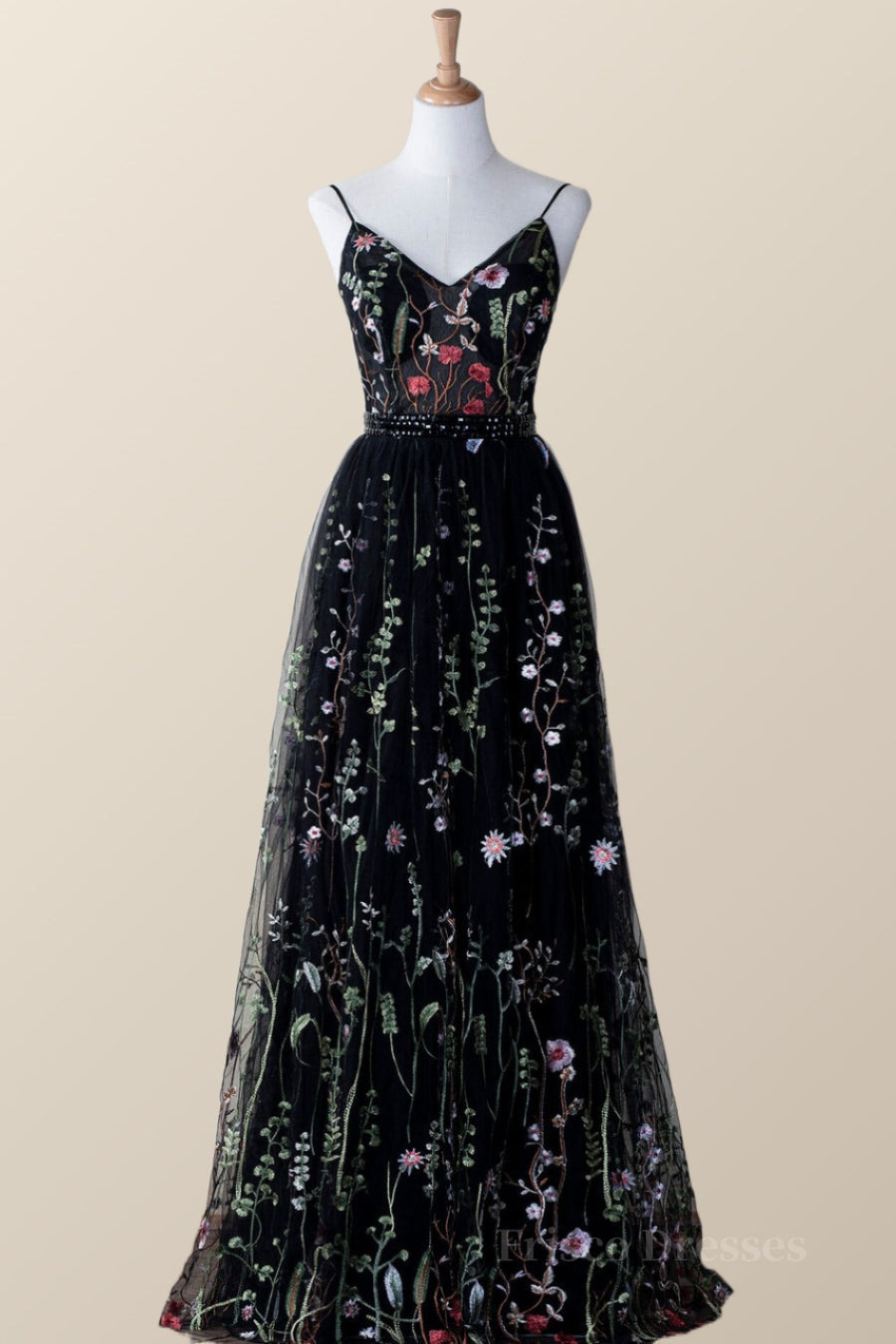 Black Floral V Neck Long Formal Dress