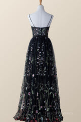 Black Floral V Neck Long Formal Dress