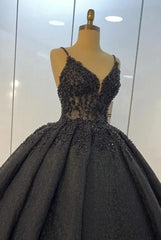 Black lace ball gown dresses for wedding , spaghetti straps prom dress