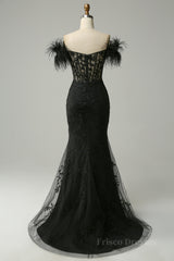 Black Plunging Off-the-Shoulder Feathers Mermaid Long Prom Dress with Slit