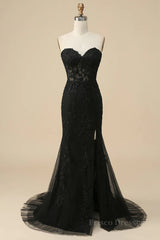Black Strapless Lace-Up Appliques Long Prom Dress with Slit