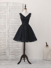 Black V Neck Lace V Neck Short Prom Dress, Black Homecoming Dress