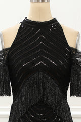 Black Halter Sequin Glitter Prom Dress With Fringes