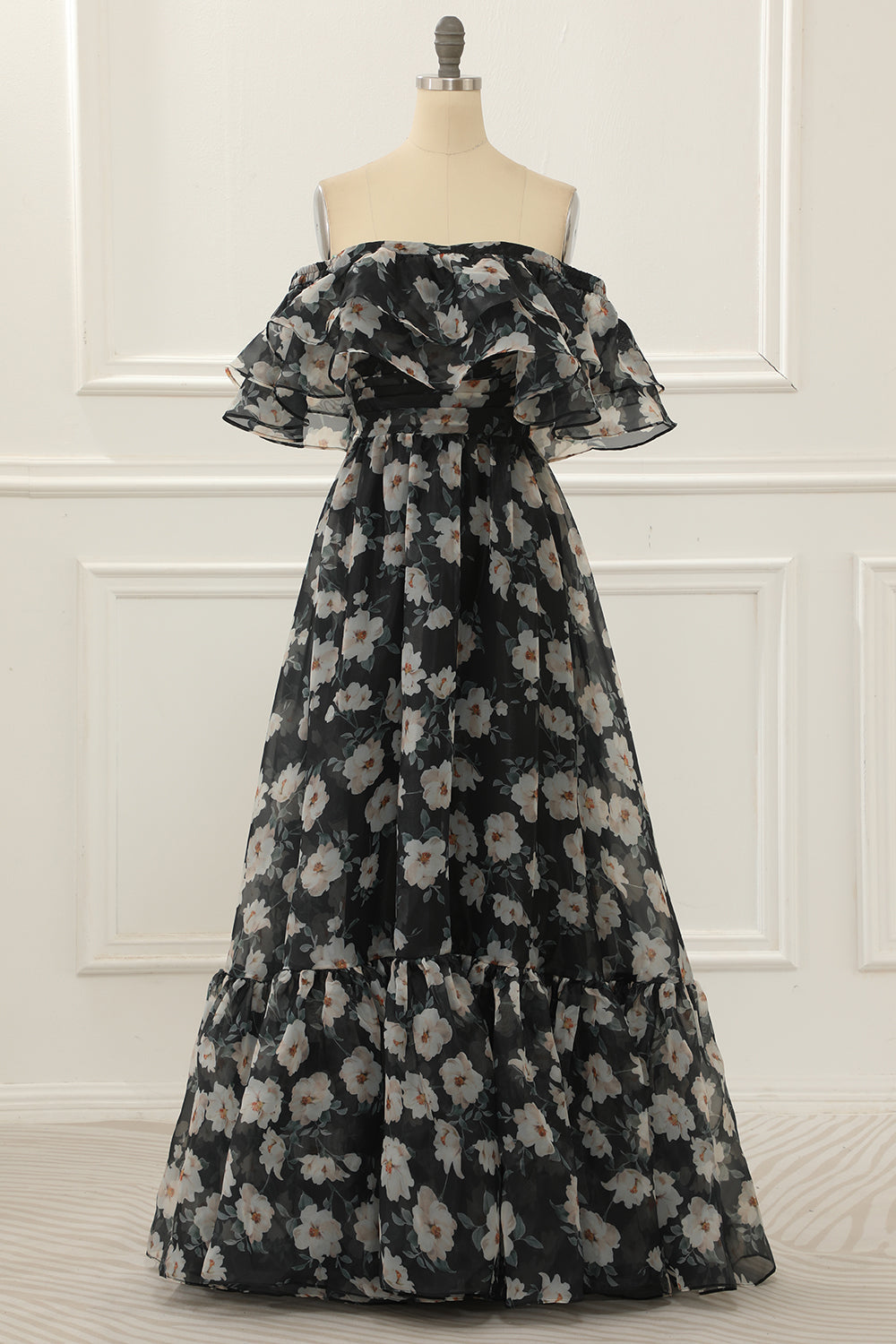 Black Print Off Shoulder A Line Prom Dress With Ruffles