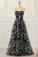 Black Print Off Shoulder A Line Prom Dress With Ruffles
